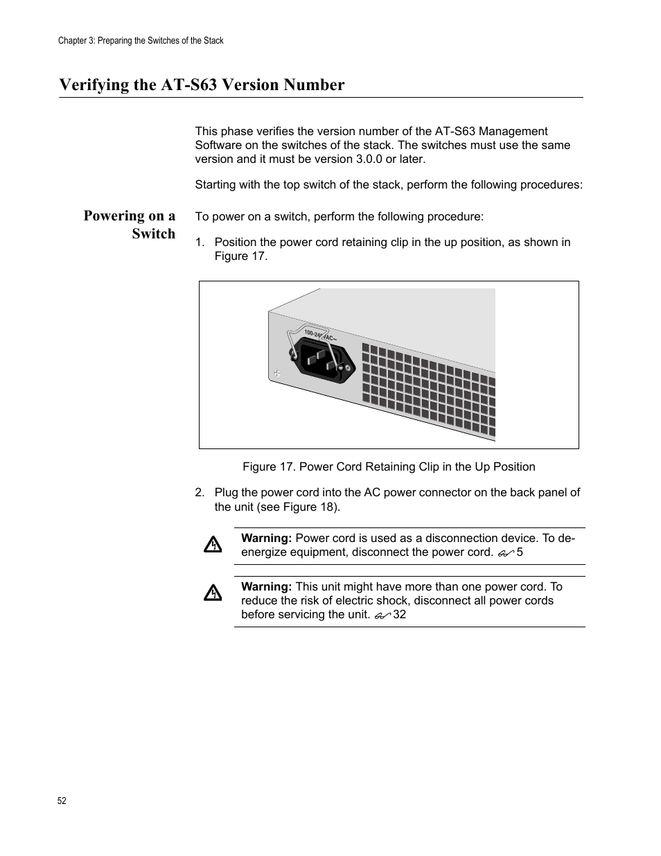 Verifying the at-s63 version number, Powering on a switch | Allied Telesis AT-9448Ts/XP User Manual | Page 52 / 100