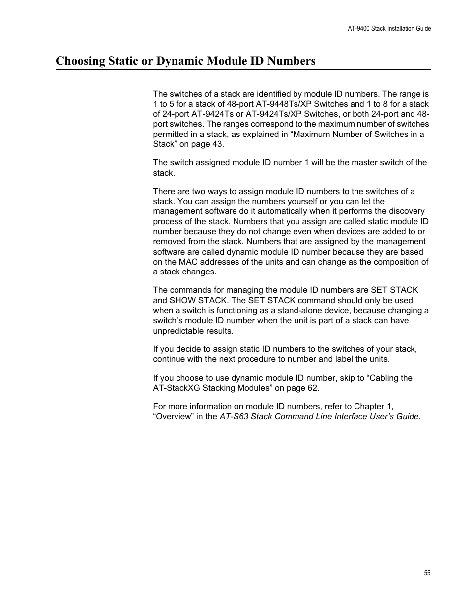 Choosing static or dynamic module id numbers | Allied Telesis AT-9448Ts/XP User Manual | Page 55 / 100