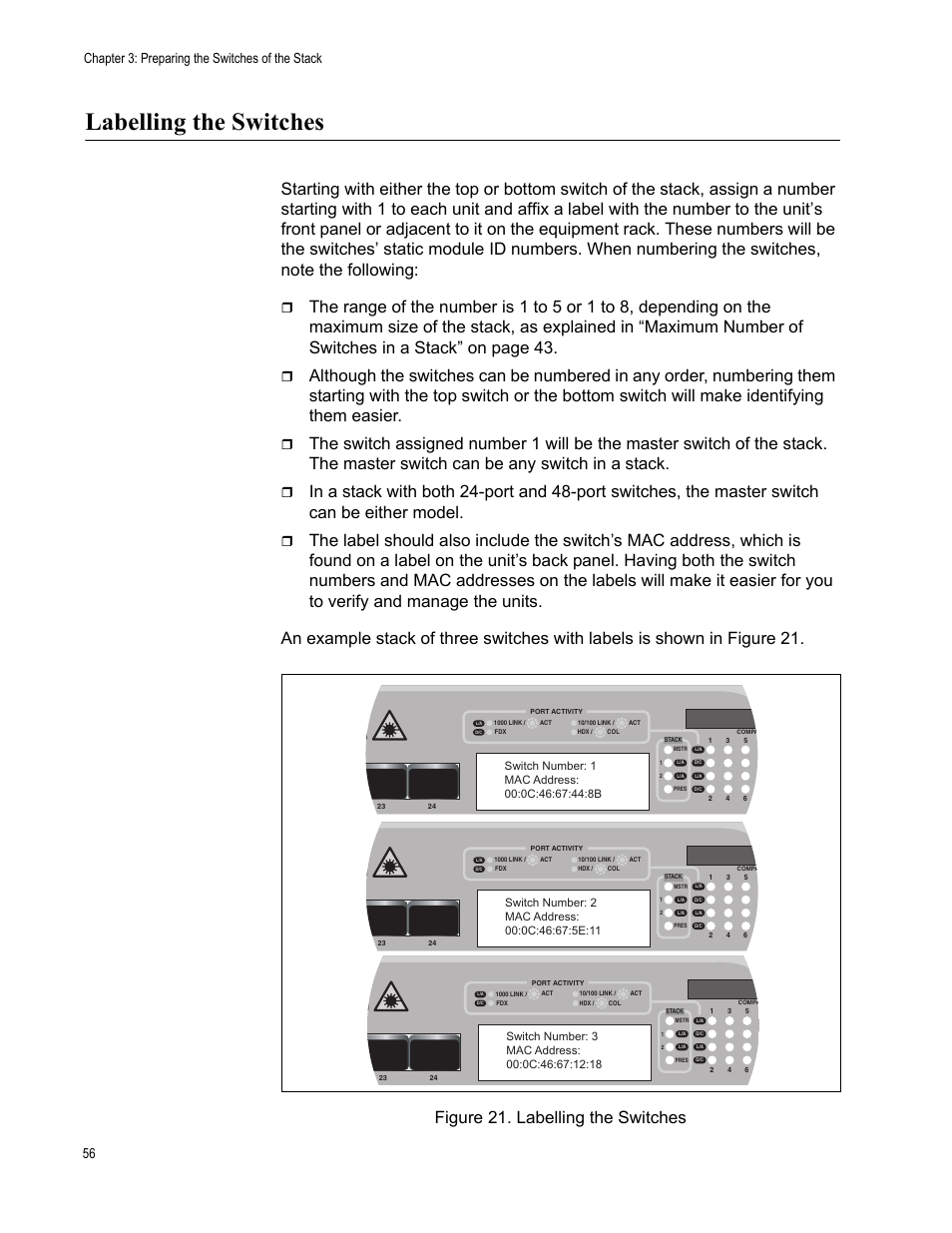 Labelling the switches, Chapter 3: preparing the switches of the stack 56 | Allied Telesis AT-9448Ts/XP User Manual | Page 56 / 100