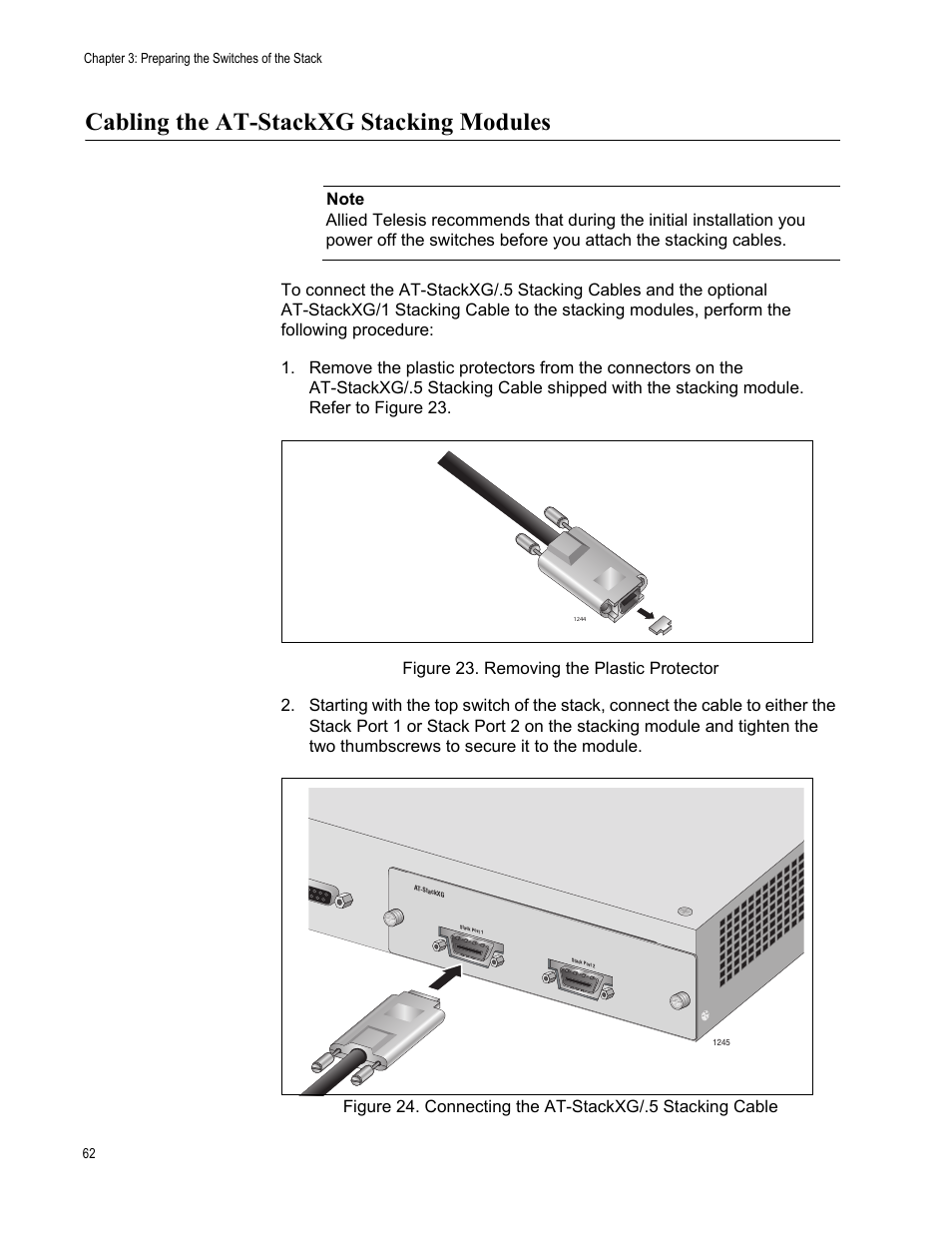 Cabling the at-stackxg stacking modules | Allied Telesis AT-9448Ts/XP User Manual | Page 62 / 100