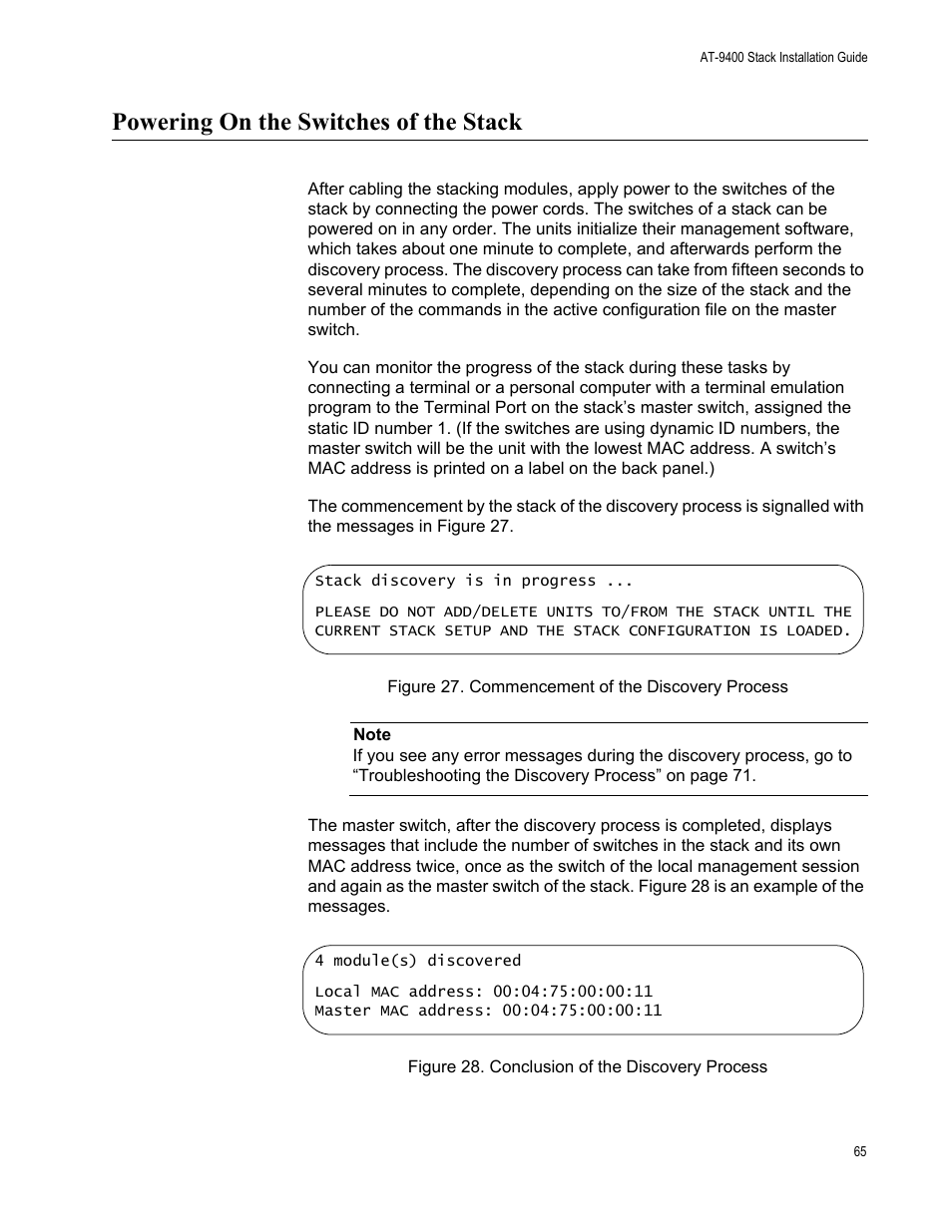 Powering on the switches of the stack | Allied Telesis AT-9448Ts/XP User Manual | Page 65 / 100