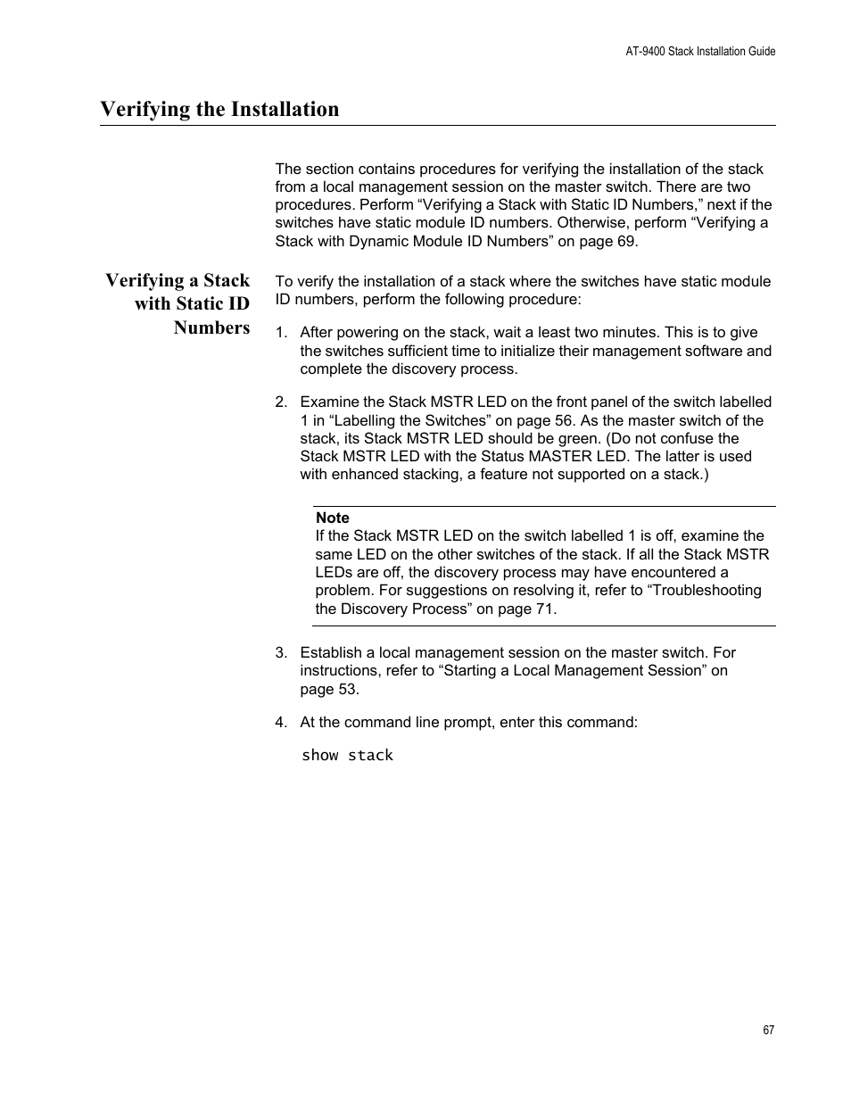 Verifying the installation, Verifying a stack with static id numbers | Allied Telesis AT-9448Ts/XP User Manual | Page 67 / 100