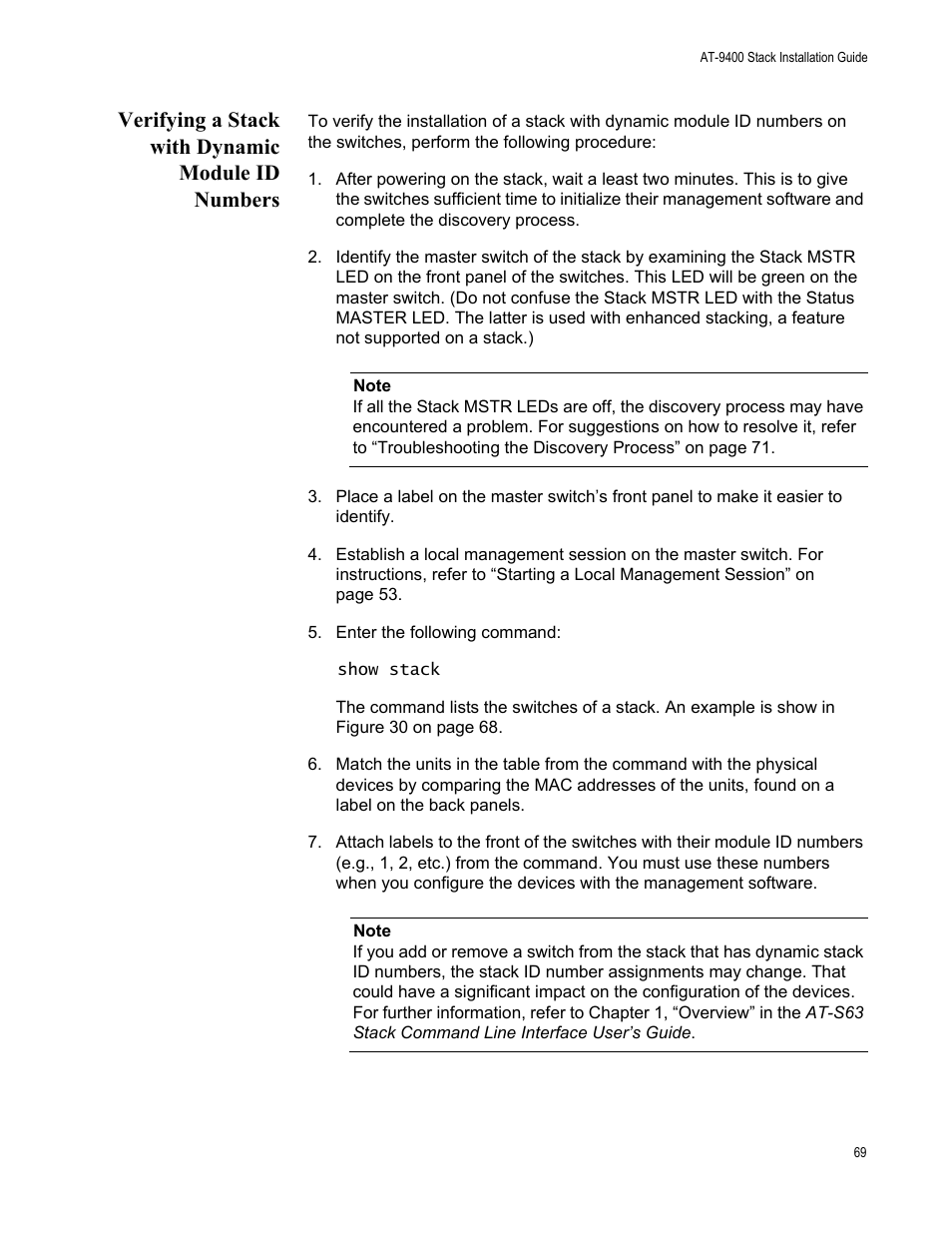 Verifying a stack with dynamic module id numbers | Allied Telesis AT-9448Ts/XP User Manual | Page 69 / 100
