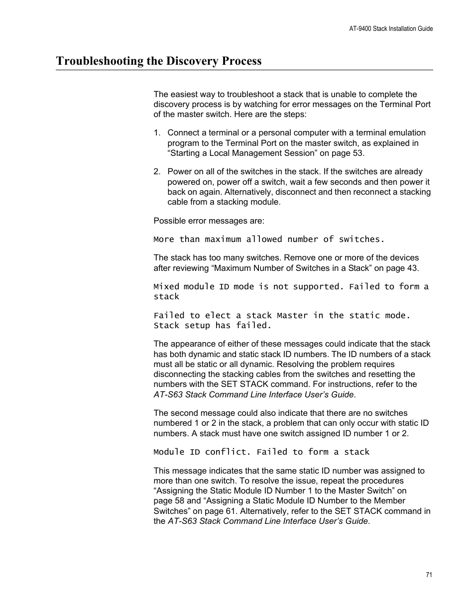 Troubleshooting the discovery process | Allied Telesis AT-9448Ts/XP User Manual | Page 71 / 100