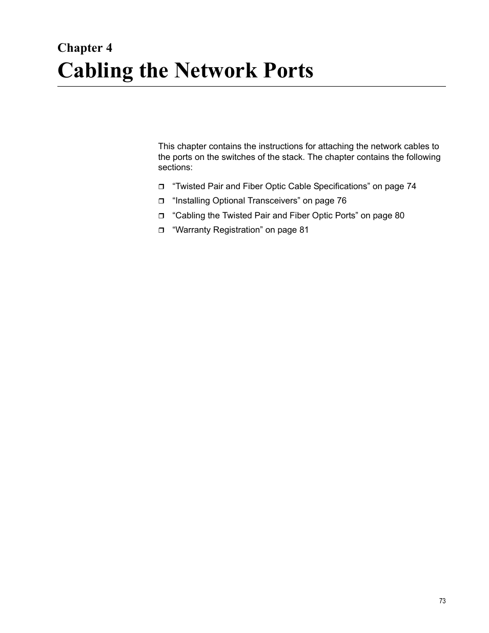 Chapter 4, Cabling the network ports, Chapter 4, “cabling the network ports | Allied Telesis AT-9448Ts/XP User Manual | Page 73 / 100