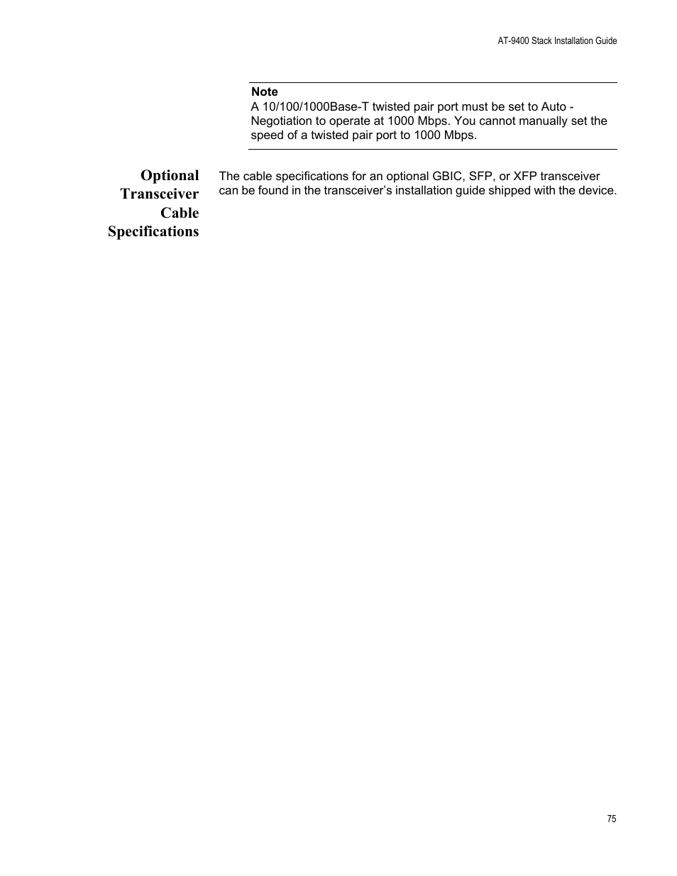 Optional transceiver cable specifications | Allied Telesis AT-9448Ts/XP User Manual | Page 75 / 100