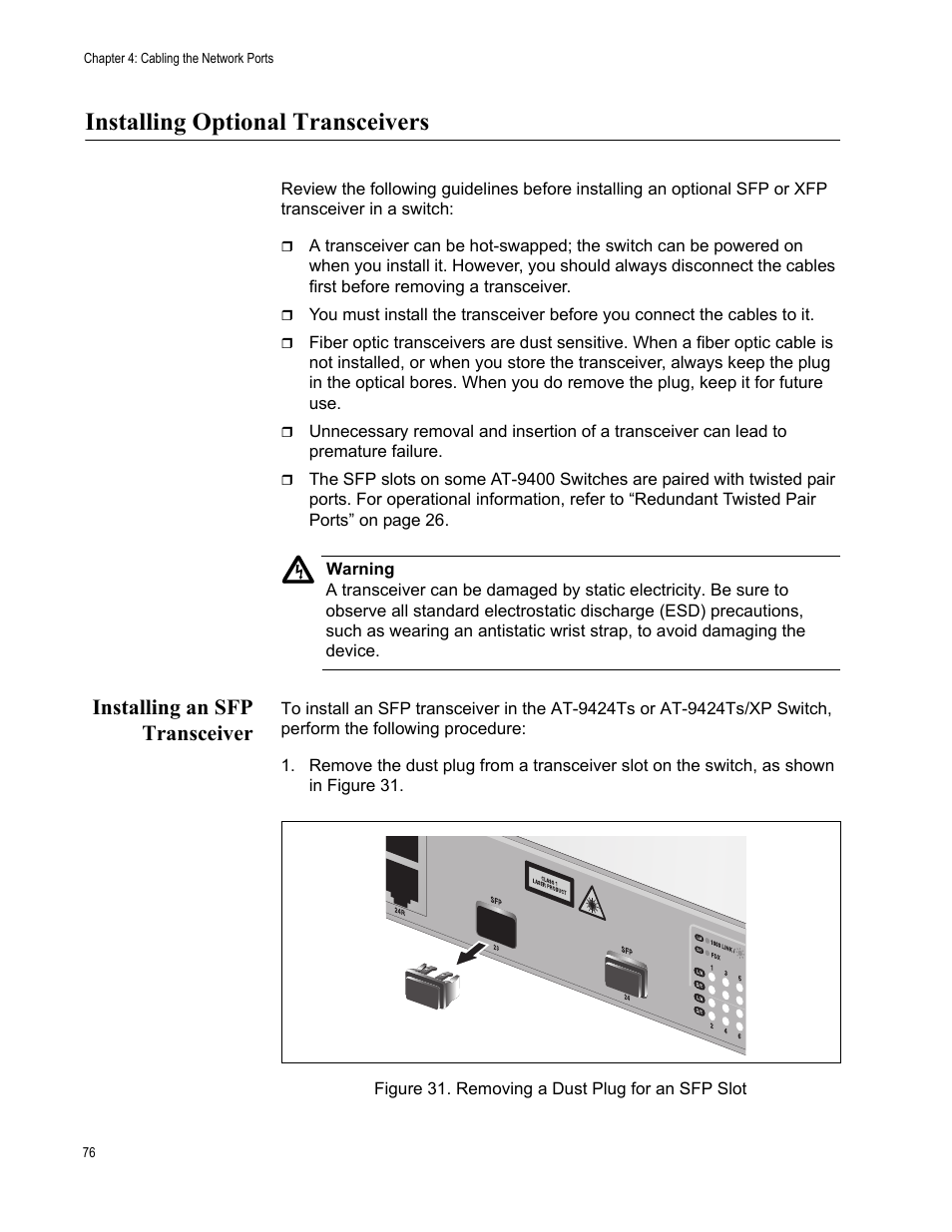 Installing optional transceivers, Installing an sfp transceiver | Allied Telesis AT-9448Ts/XP User Manual | Page 76 / 100