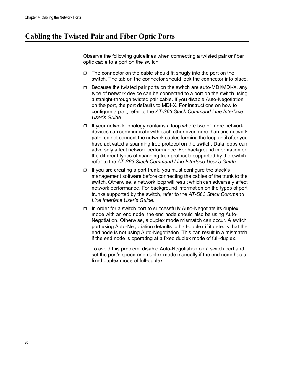 Cabling the twisted pair and fiber optic ports | Allied Telesis AT-9448Ts/XP User Manual | Page 80 / 100