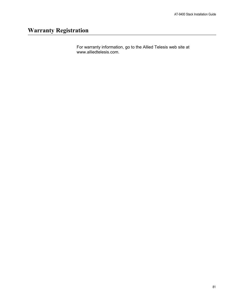 Warranty registration | Allied Telesis AT-9448Ts/XP User Manual | Page 81 / 100