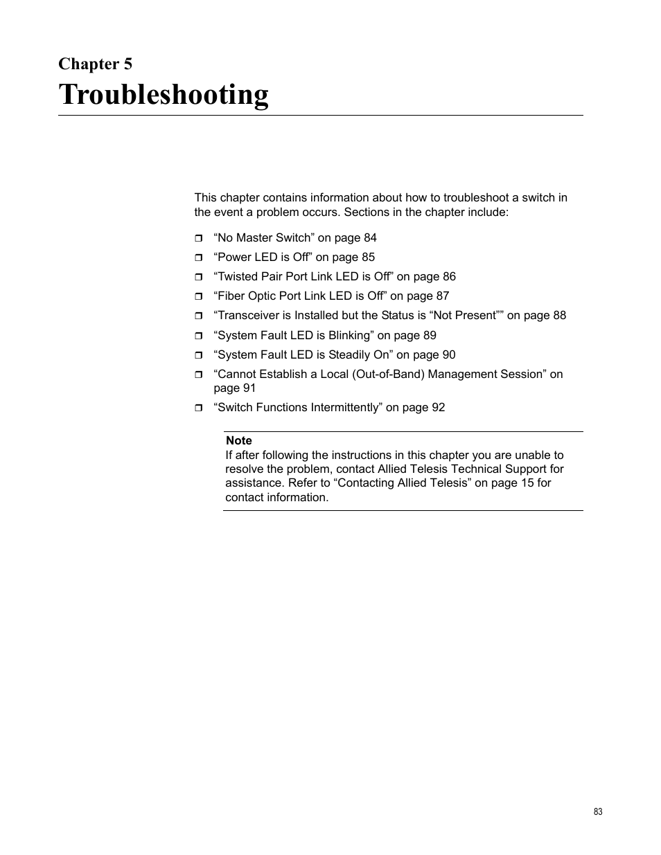 Chapter 5, Troubleshooting | Allied Telesis AT-9448Ts/XP User Manual | Page 83 / 100
