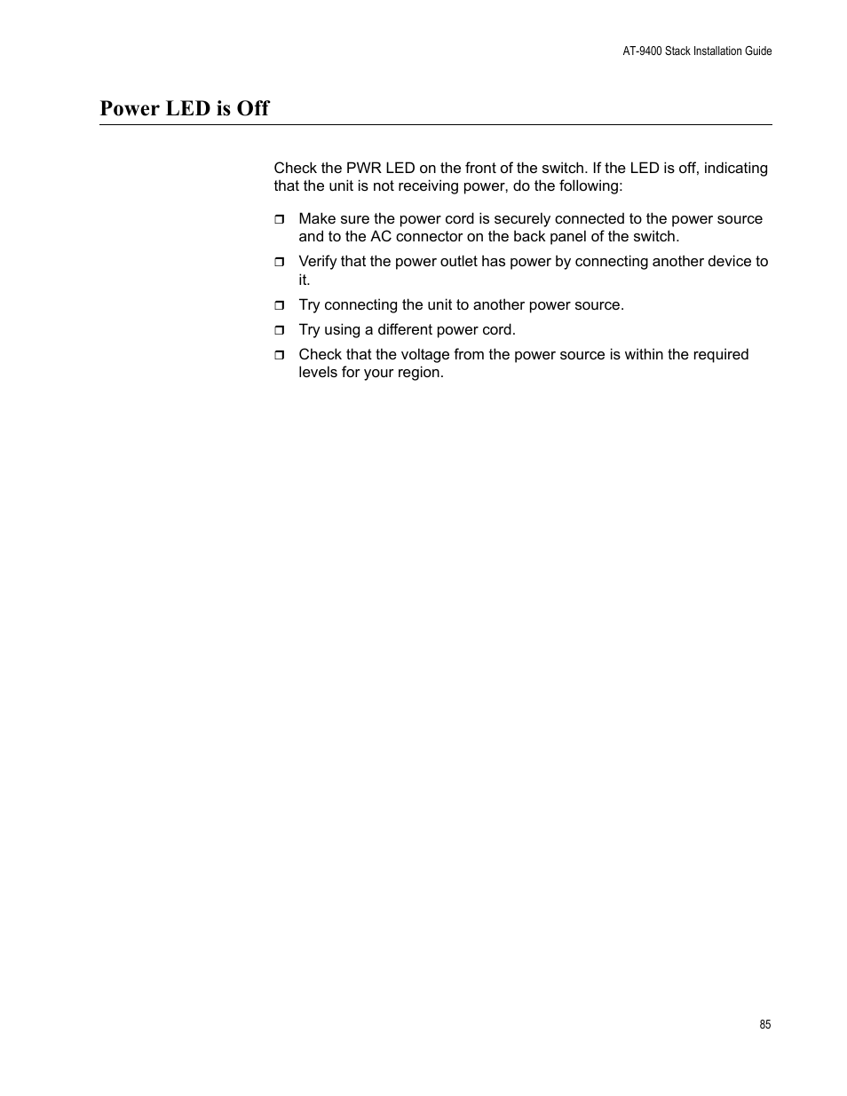 Power led is off | Allied Telesis AT-9448Ts/XP User Manual | Page 85 / 100