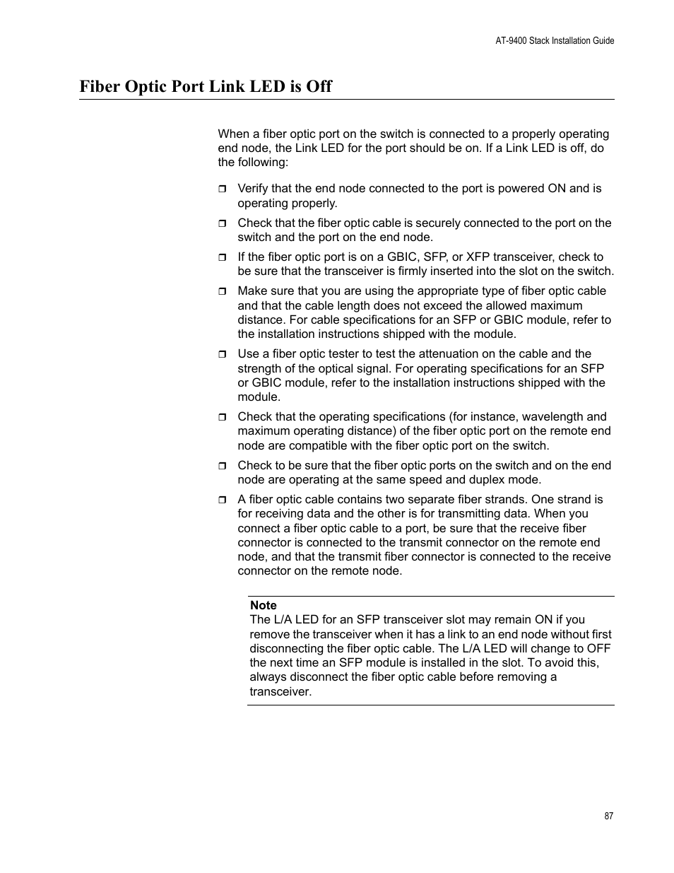 Fiber optic port link led is off | Allied Telesis AT-9448Ts/XP User Manual | Page 87 / 100