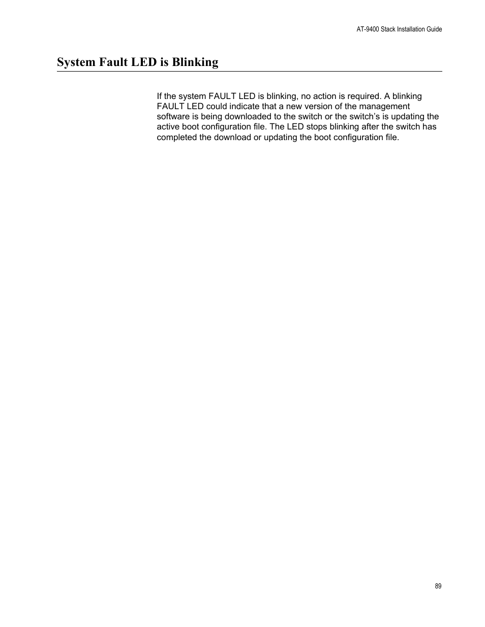 System fault led is blinking | Allied Telesis AT-9448Ts/XP User Manual | Page 89 / 100