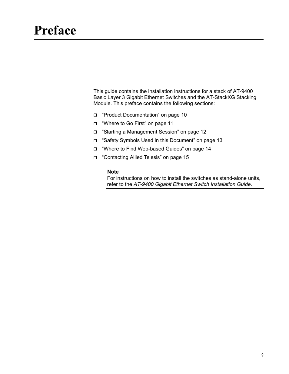 Preface | Allied Telesis AT-9448Ts/XP User Manual | Page 9 / 100