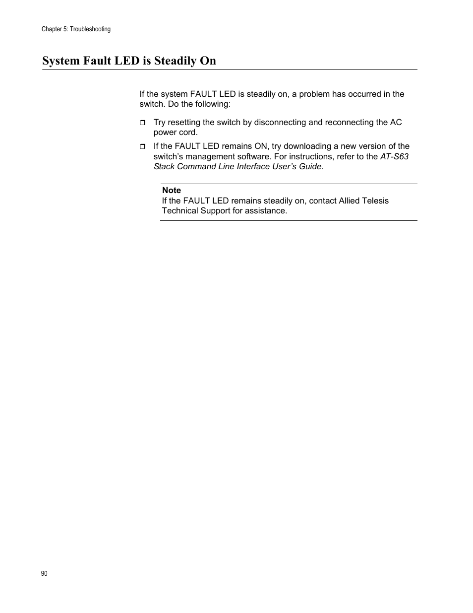 System fault led is steadily on | Allied Telesis AT-9448Ts/XP User Manual | Page 90 / 100