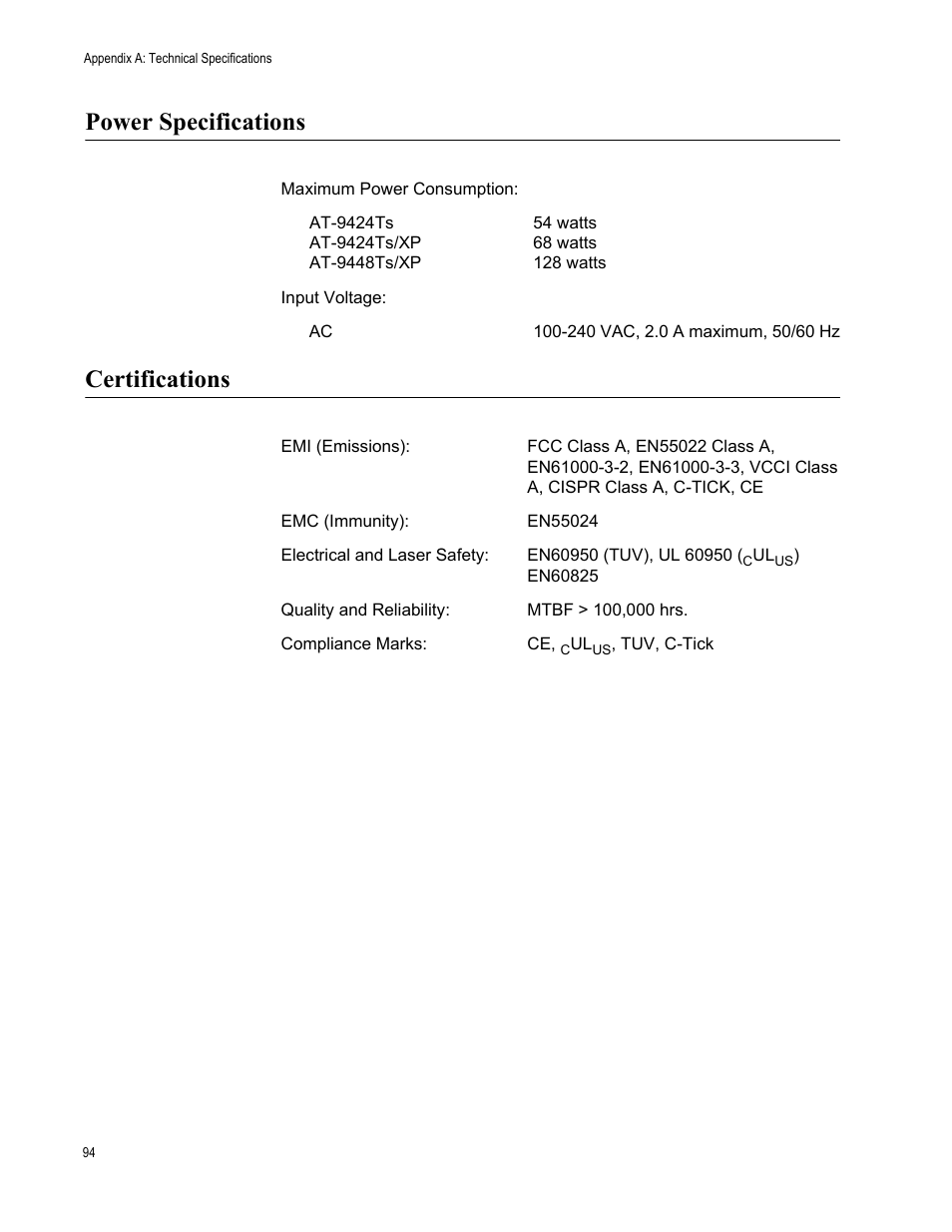 Power specifications, Certifications | Allied Telesis AT-9448Ts/XP User Manual | Page 94 / 100
