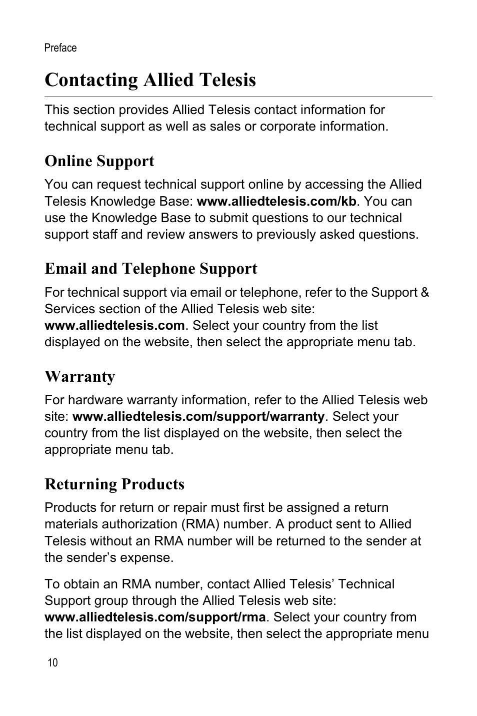 Contacting allied telesis, Online support, Email and telephone support | Warranty, Returning products | Allied Telesis AT-MCR1 User Manual | Page 10 / 46