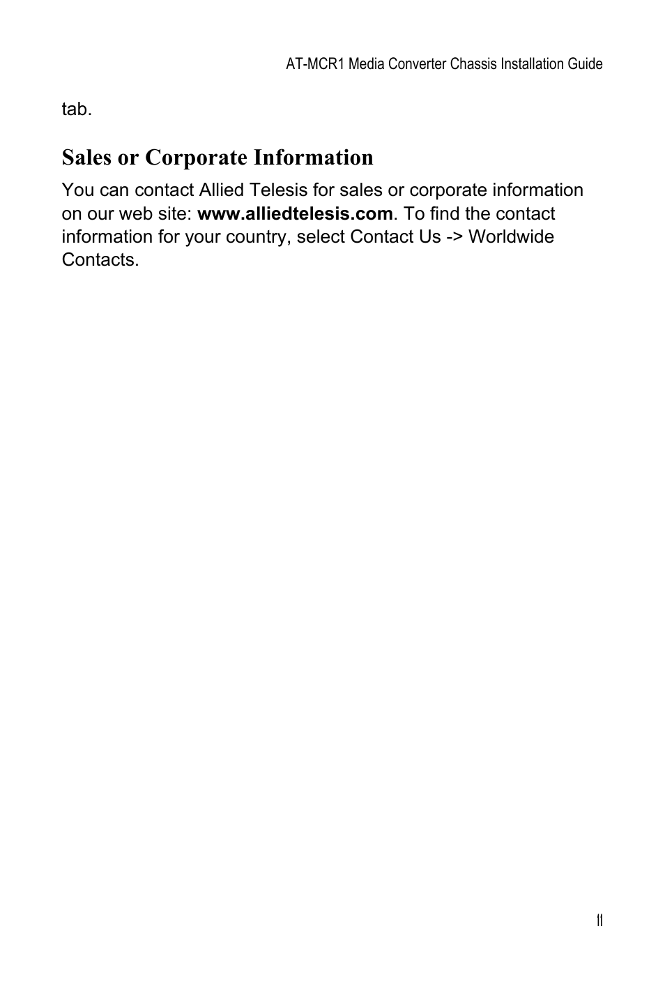 Sales or corporate information | Allied Telesis AT-MCR1 User Manual | Page 11 / 46