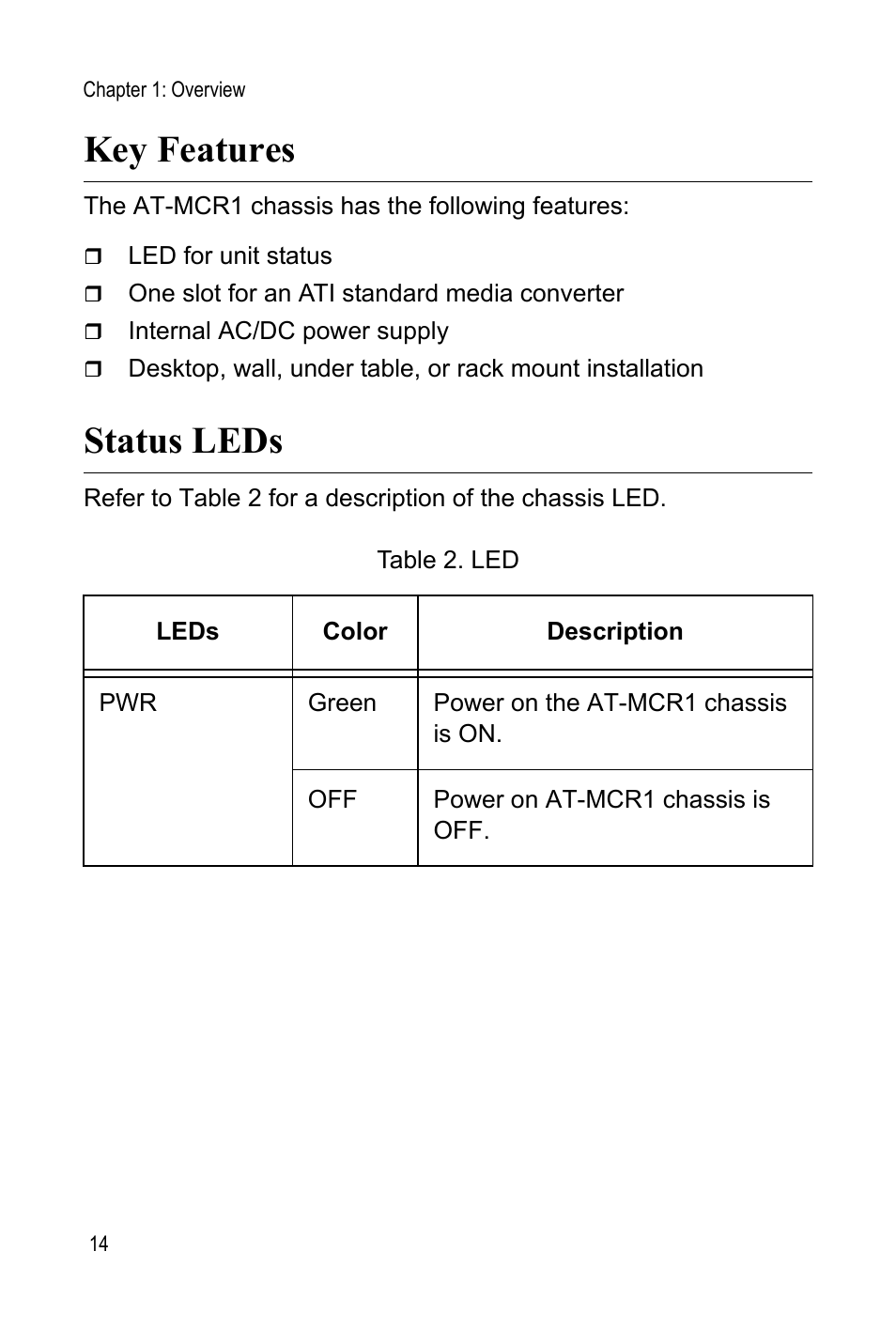 Key features, Status leds, Key features status leds | Allied Telesis AT-MCR1 User Manual | Page 14 / 46