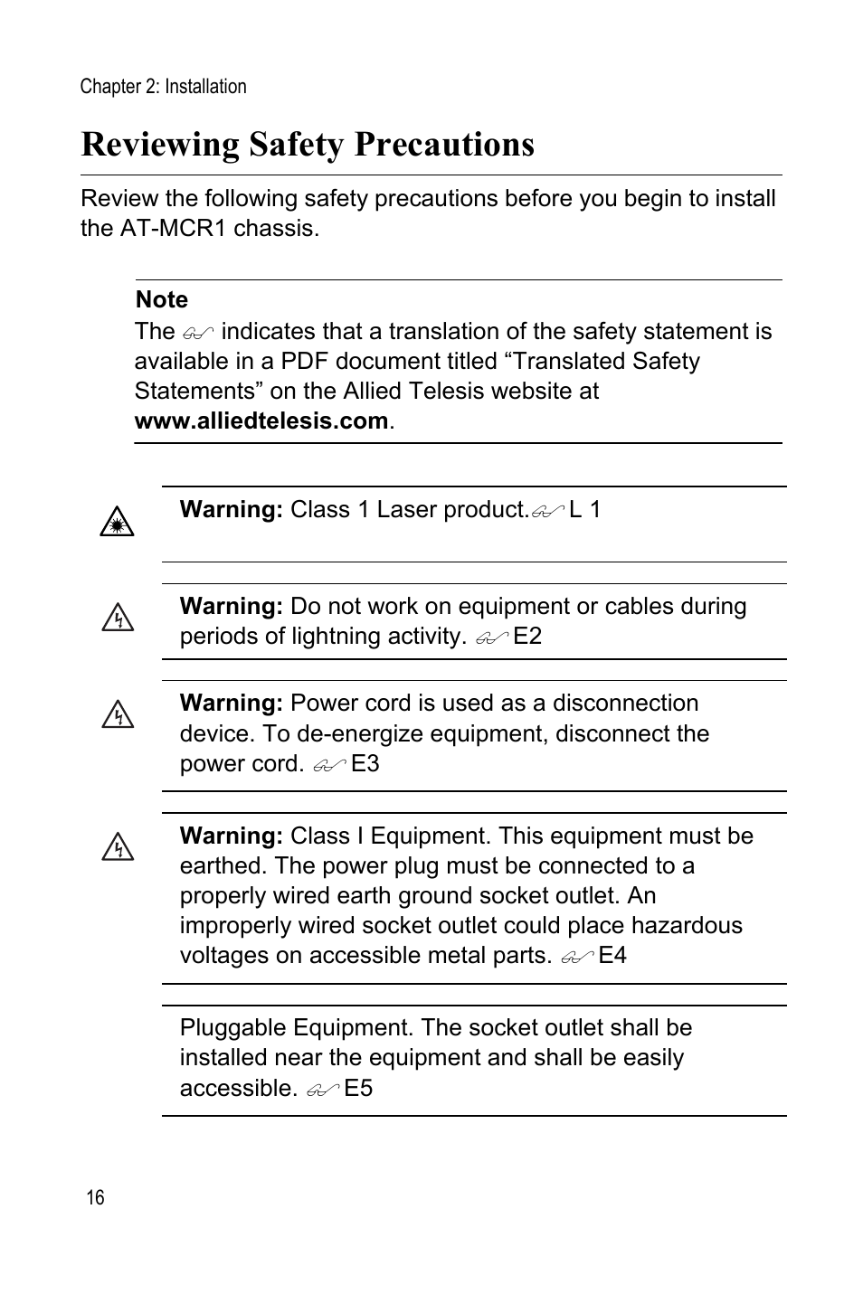 Reviewing safety precautions | Allied Telesis AT-MCR1 User Manual | Page 16 / 46