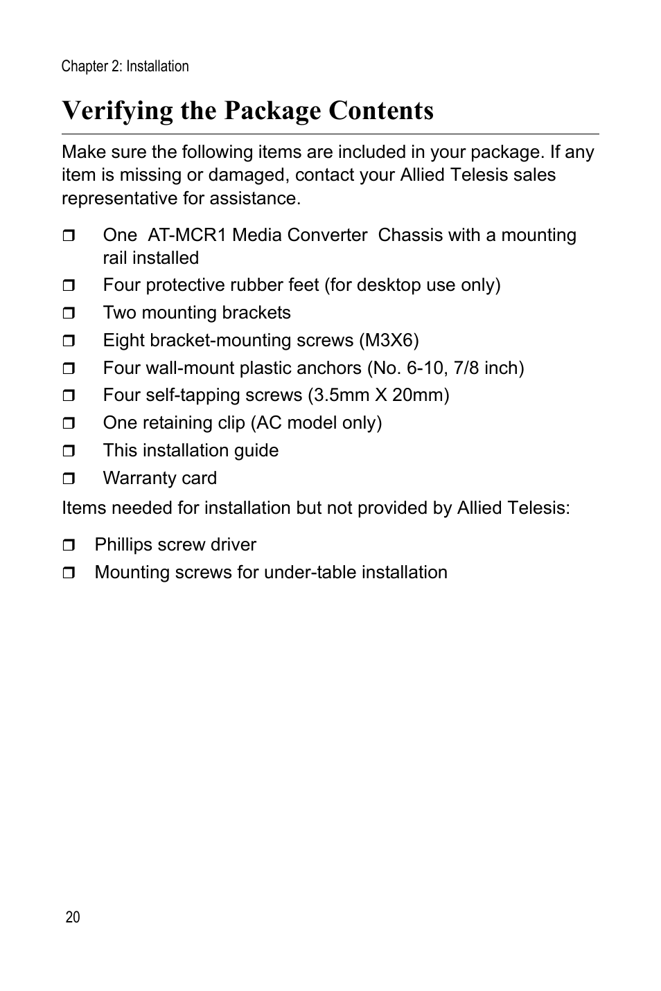 Verifying the package contents | Allied Telesis AT-MCR1 User Manual | Page 20 / 46