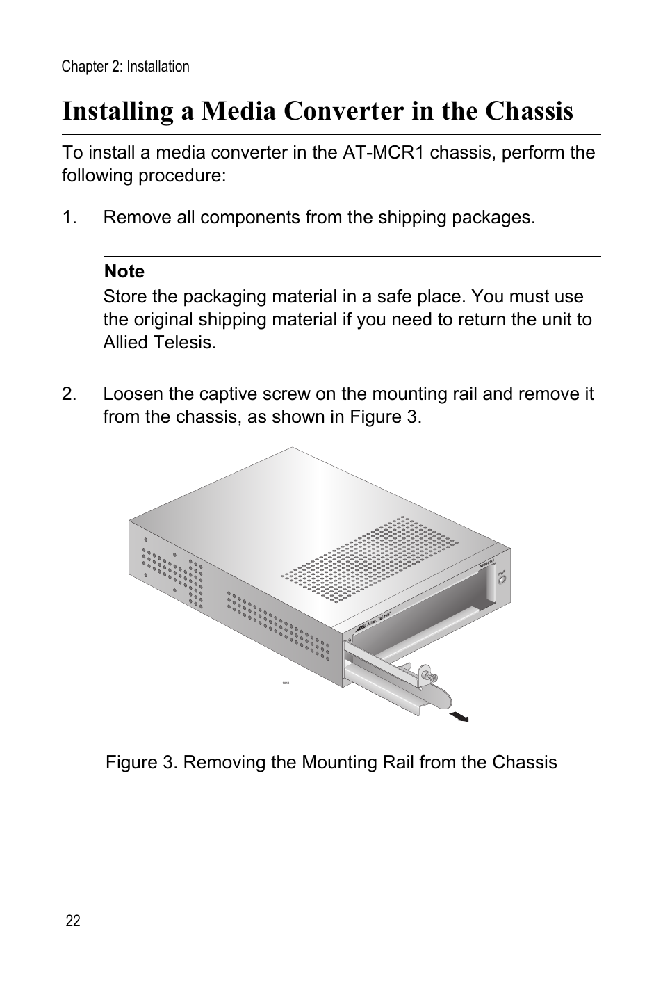 Installing a media converter in the chassis | Allied Telesis AT-MCR1 User Manual | Page 22 / 46
