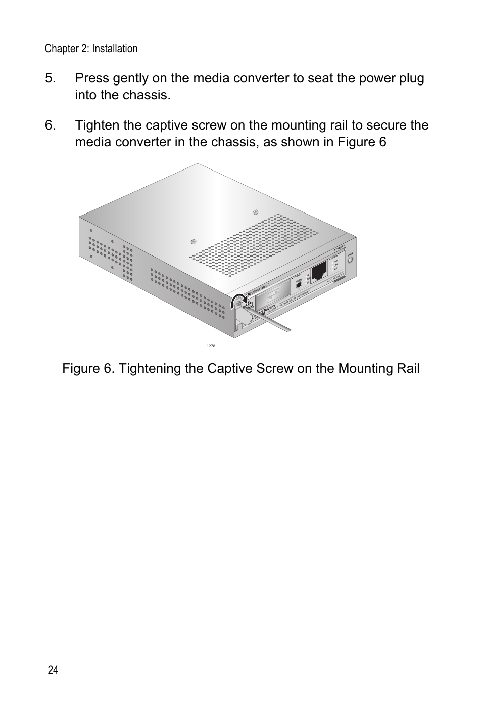 Chapter 2: installation 24, Cl as s 1 la se r p ro du ct | Allied Telesis AT-MCR1 User Manual | Page 24 / 46