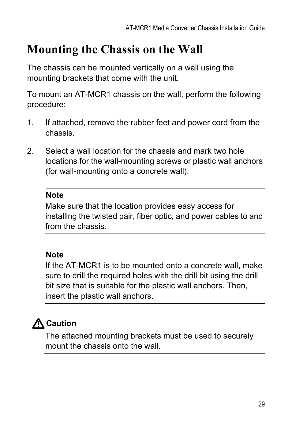 Mounting the chassis on the wall | Allied Telesis AT-MCR1 User Manual | Page 29 / 46