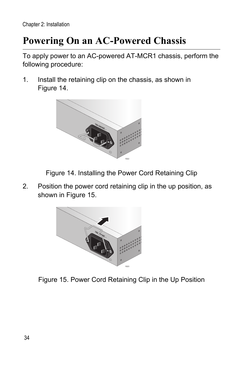 Powering on an ac-powered chassis | Allied Telesis AT-MCR1 User Manual | Page 34 / 46