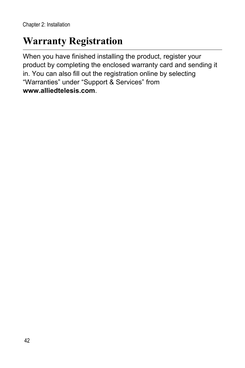 Warranty registration | Allied Telesis AT-MCR1 User Manual | Page 42 / 46