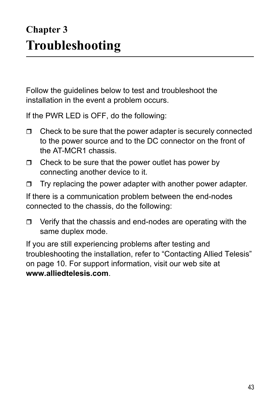 Chapter 3, Troubleshooting, Chap | Allied Telesis AT-MCR1 User Manual | Page 43 / 46