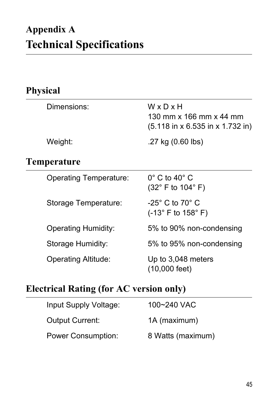 Appendix a, Technical specifications, Physical | Temperature, Electrical rating (for ac version only), Appendix a: technical specifications | Allied Telesis AT-MCR1 User Manual | Page 45 / 46
