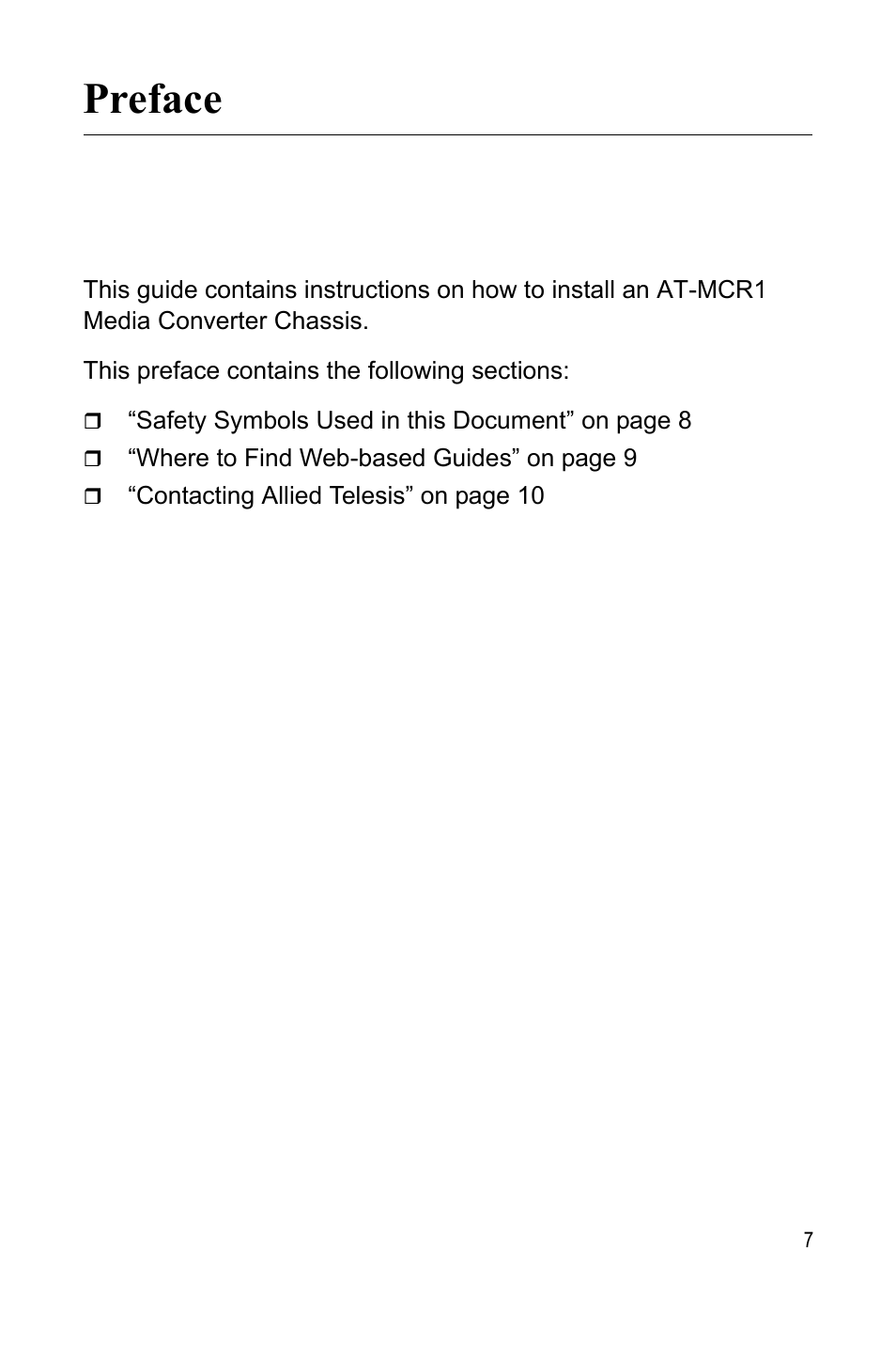 Preface | Allied Telesis AT-MCR1 User Manual | Page 7 / 46