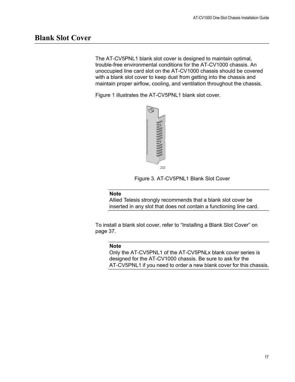 Blank slot cover, Figure 3. at-cv5pnl1 blank slot cover | Allied Telesis AT-CV1000 User Manual | Page 17 / 42