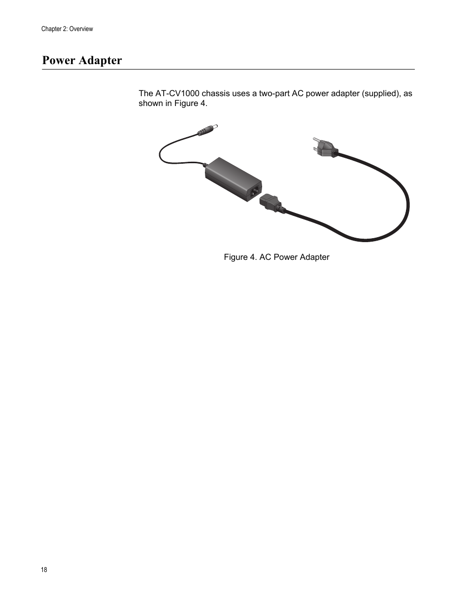 Power adapter, Figure 4. ac power adapter | Allied Telesis AT-CV1000 User Manual | Page 18 / 42