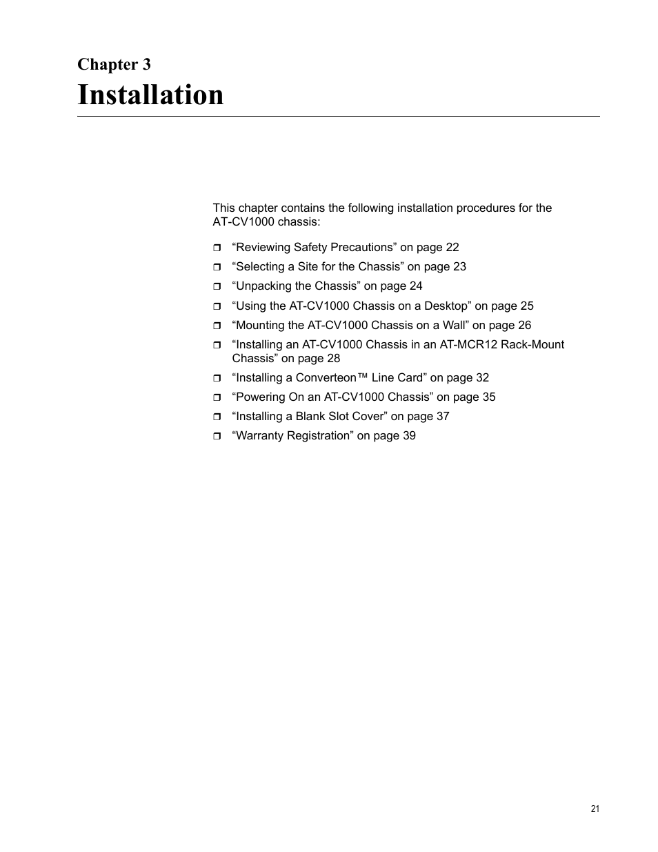 Chapter 3, Installation, R 3: installation | Allied Telesis AT-CV1000 User Manual | Page 21 / 42