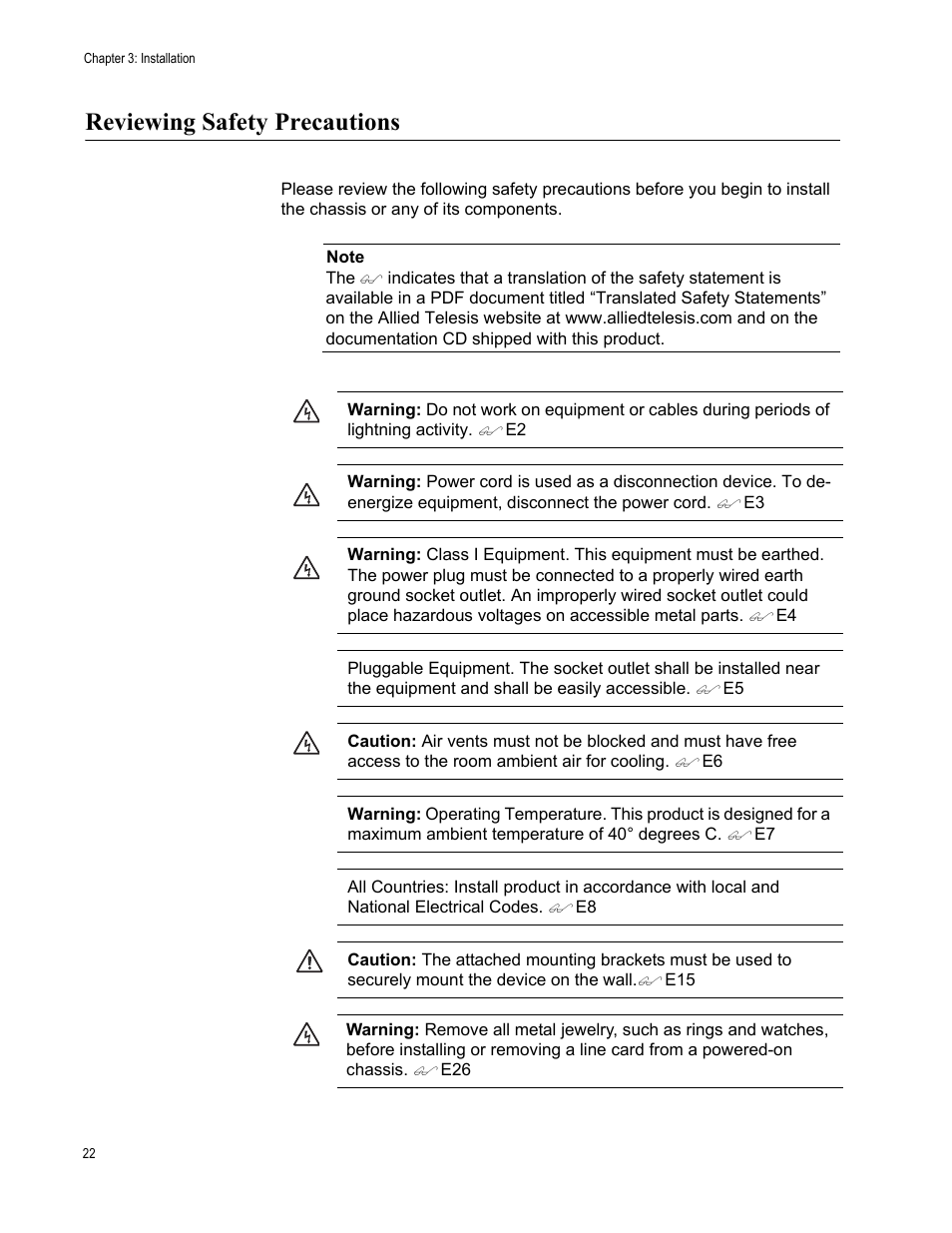 Reviewing safety precautions | Allied Telesis AT-CV1000 User Manual | Page 22 / 42