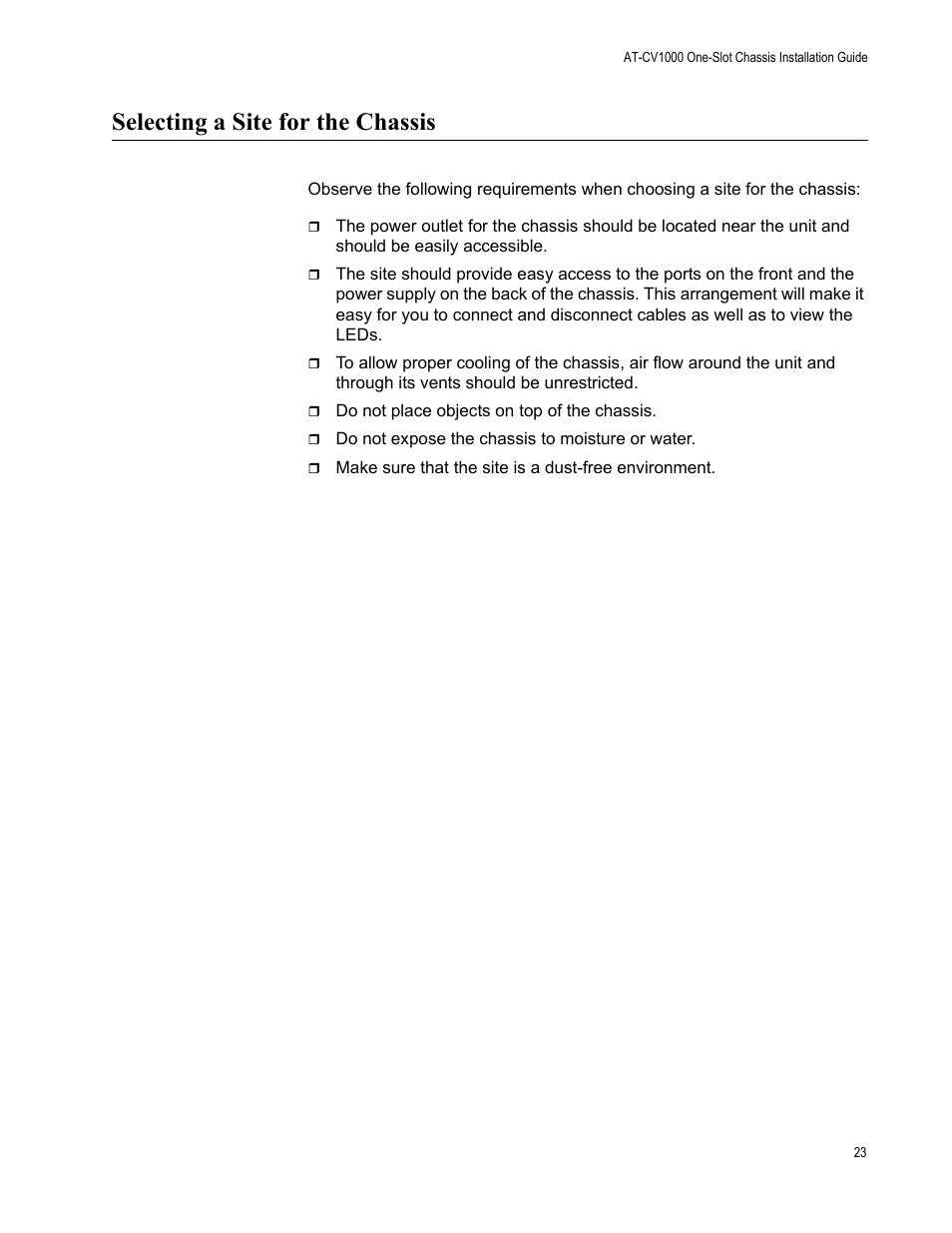 Selecting a site for the chassis | Allied Telesis AT-CV1000 User Manual | Page 23 / 42