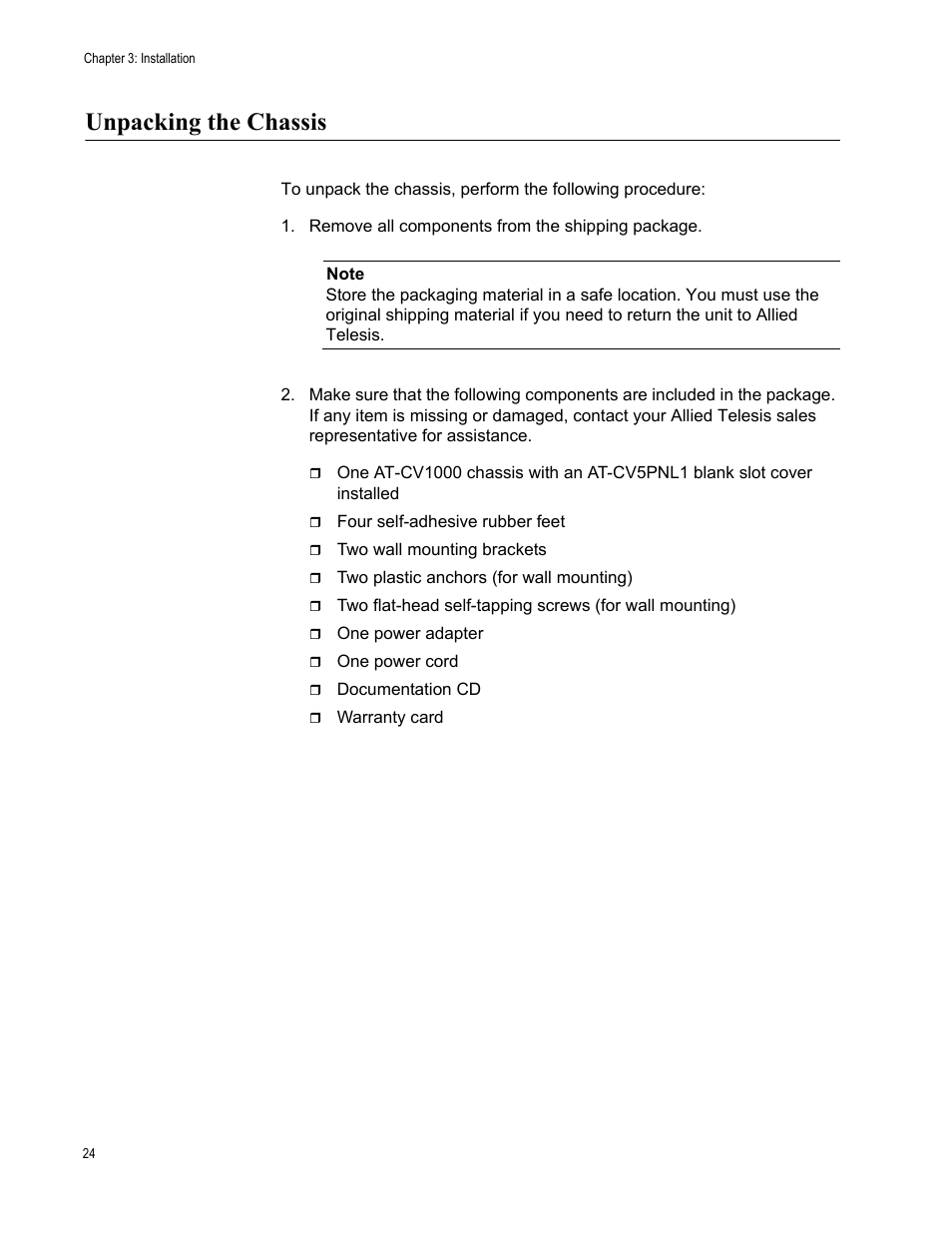 Unpacking the chassis | Allied Telesis AT-CV1000 User Manual | Page 24 / 42