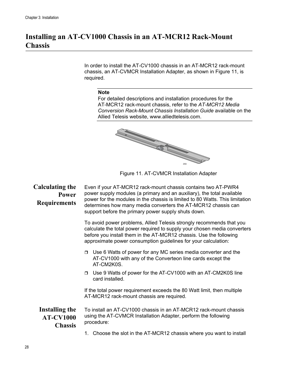 Calculating the power requirements, Installing the at-cv1000 chassis, Figure 11. at-cvmcr installation adapter | Allied Telesis AT-CV1000 User Manual | Page 28 / 42