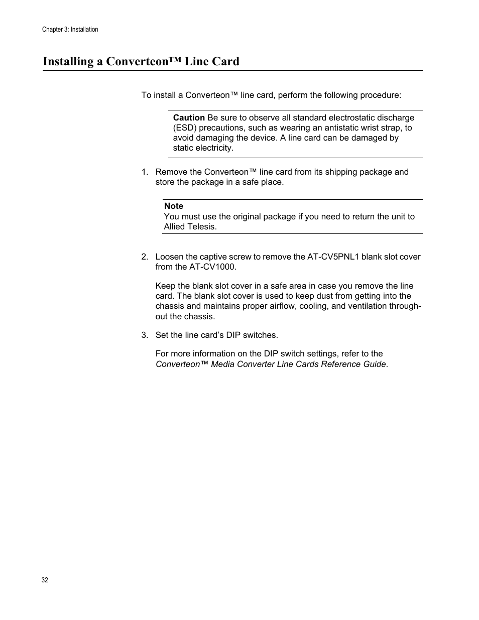 Installing a converteon™ line card, E instructions in “installing a | Allied Telesis AT-CV1000 User Manual | Page 32 / 42