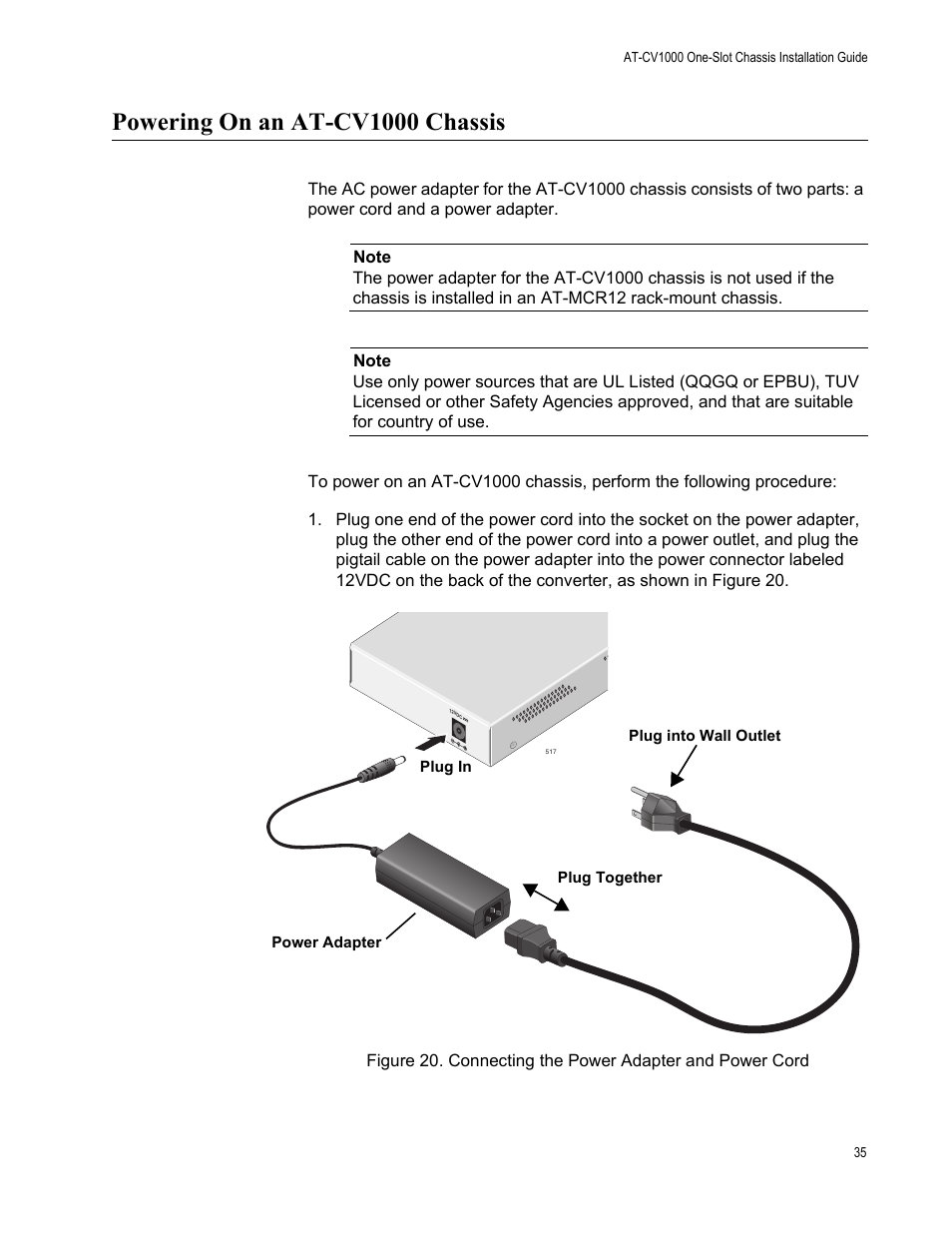 Powering on an at-cv1000 chassis, In “powering on an | Allied Telesis AT-CV1000 User Manual | Page 35 / 42