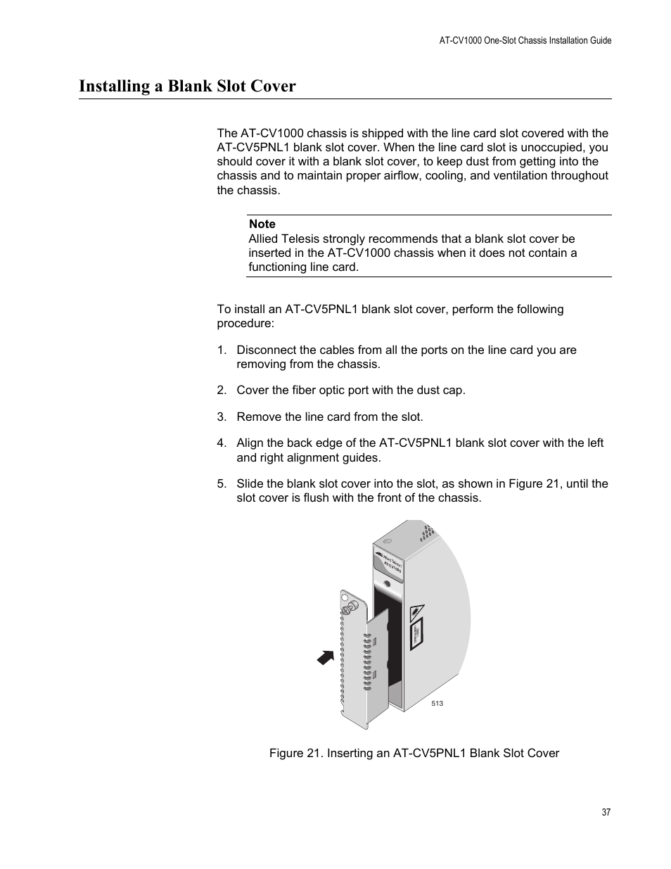 Installing a blank slot cover | Allied Telesis AT-CV1000 User Manual | Page 37 / 42