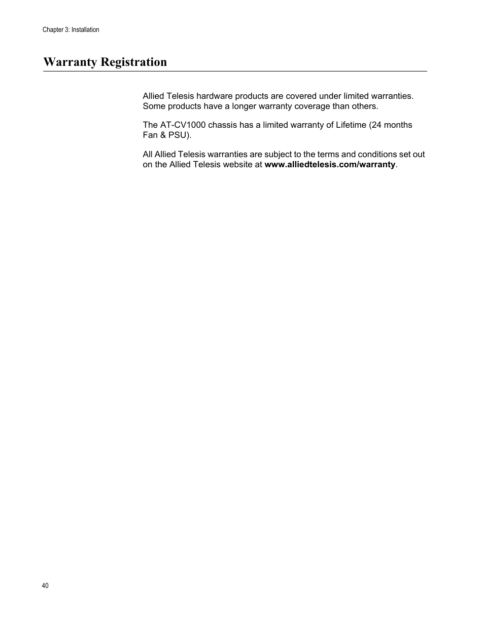 Warranty registration | Allied Telesis AT-CV1000 User Manual | Page 40 / 42