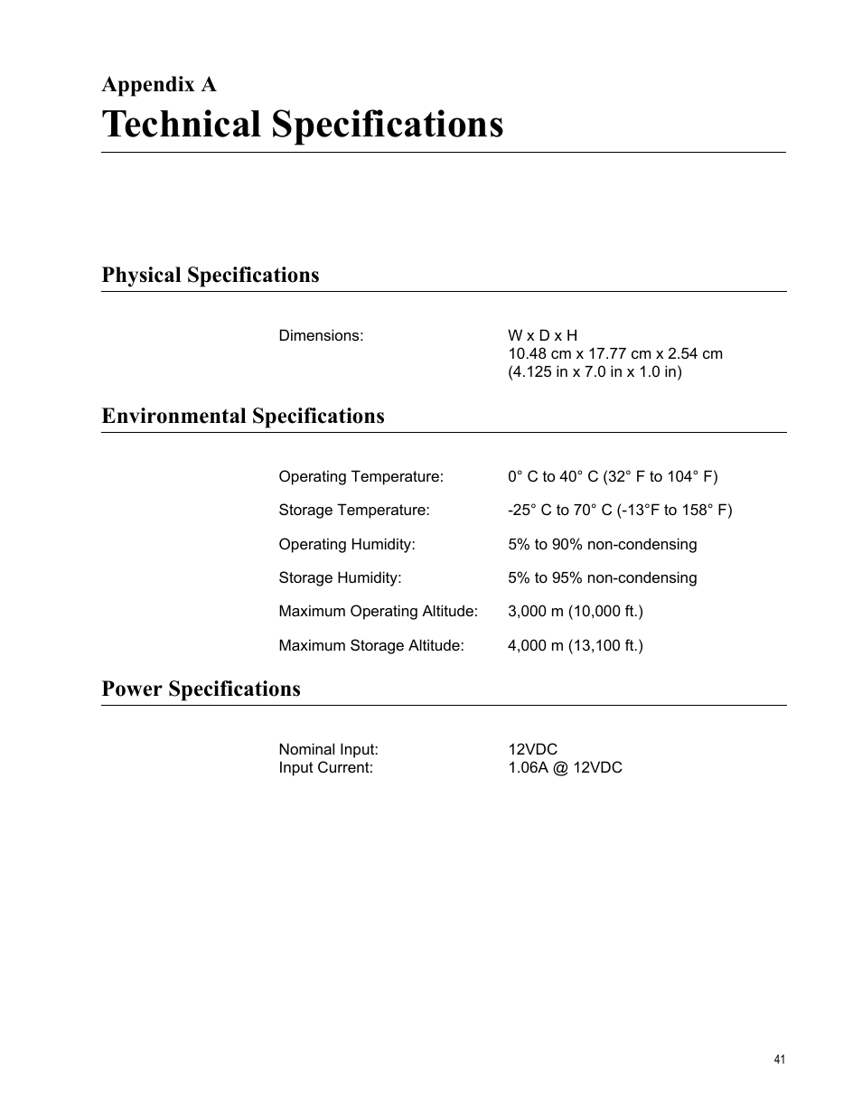 Appendix a, Technical specifications, Physical specifications | Environmental specifications, Power specifications, Appendix a: technical specifications | Allied Telesis AT-CV1000 User Manual | Page 41 / 42