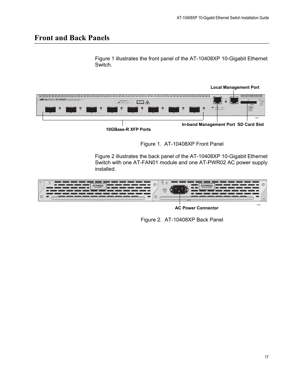 Front and back panels | Allied Telesis AT-10408XP User Manual | Page 17 / 50