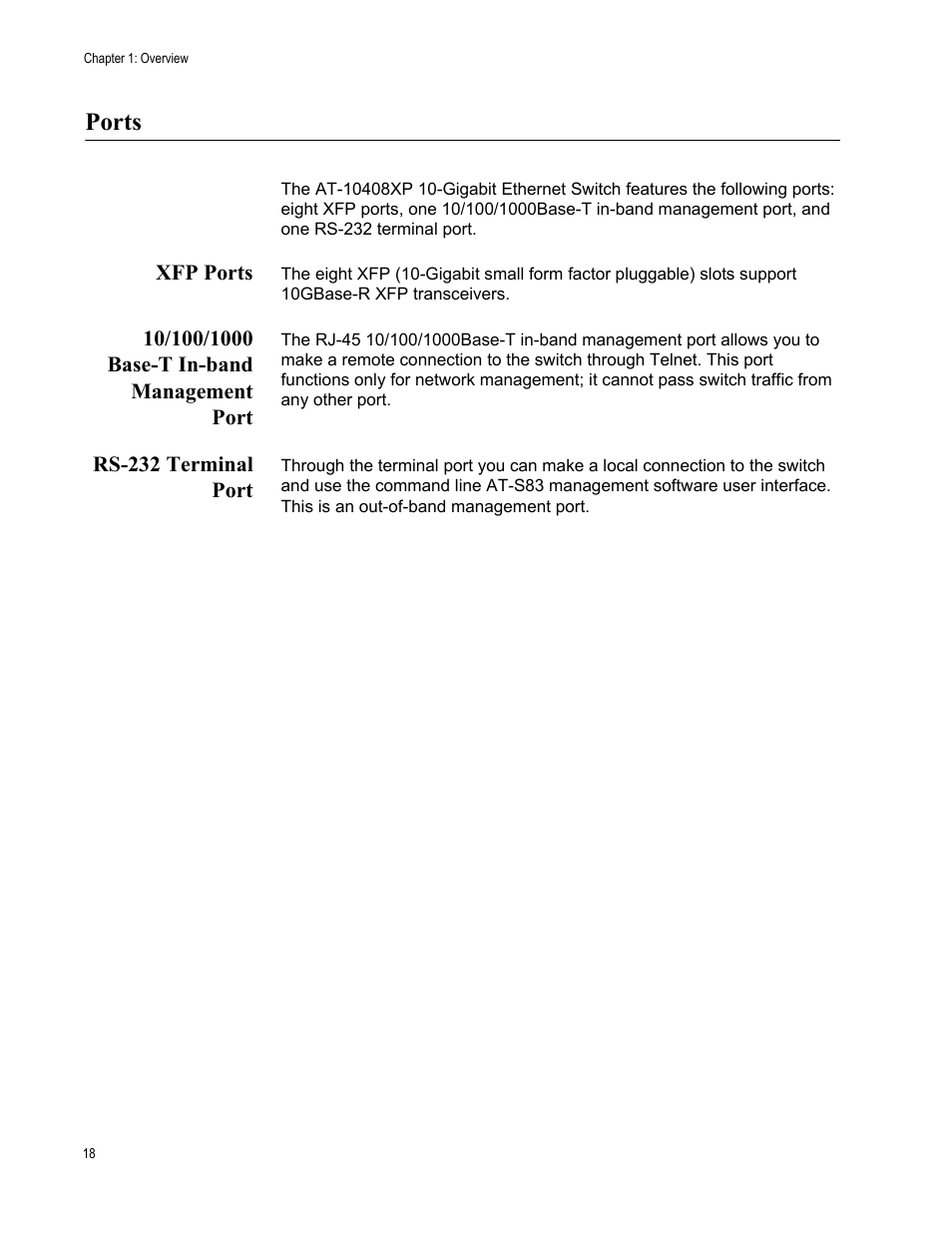 Ports, Xfp ports, 10/100/1000 base-t in-band management port | Rs-232 terminal port | Allied Telesis AT-10408XP User Manual | Page 18 / 50
