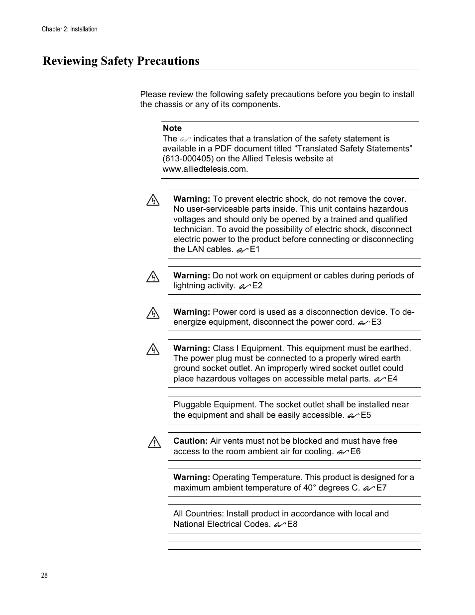 Reviewing safety precautions | Allied Telesis AT-10408XP User Manual | Page 28 / 50