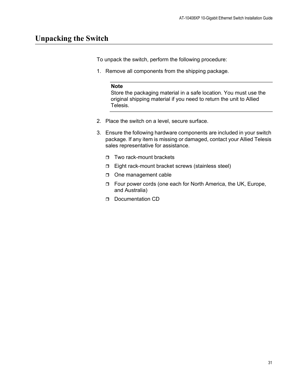 Unpacking the switch | Allied Telesis AT-10408XP User Manual | Page 31 / 50
