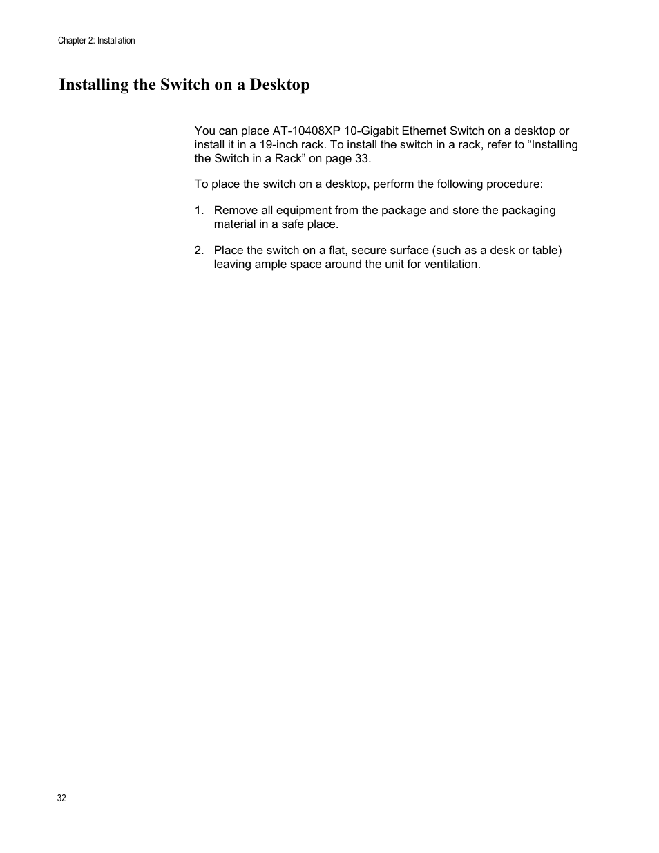 Installing the switch on a desktop | Allied Telesis AT-10408XP User Manual | Page 32 / 50
